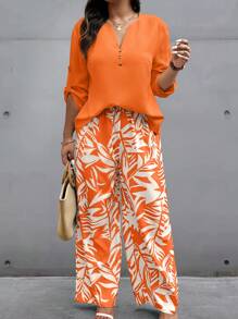 Plus Size Women 2pcs/Set Solid V-Neck Cuffed Sleeve Shirt & Tropical Plant Print Pants, Leisure Outfit For Autumn Blouse And Pants Casualpair Pants And Blouseblouse And Pants Setpants And Blouse Setblouse And Pants