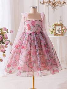 Vestido elegante con estampado floral y decoración de lazo para niñas preadolescentes