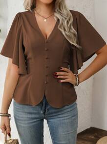 Vionelle 大码女式法式优雅办公休闲度假 V 领纽扣装饰腰部喇叭下摆短袖衬衫，春夏 - 咖啡棕 - 查看 3
