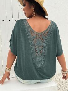 SHEIN LUNE Duża, plisowana, koronkowa, swobodna koszulka z okrągłym dekoltem