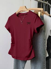 SHEIN Explorewe 3pcs Tween Girls Casual Versatile Black Bow Front Print Short Sleeve Gathered Waist T-Shirt Set, School, Campus, College Summer Holiday