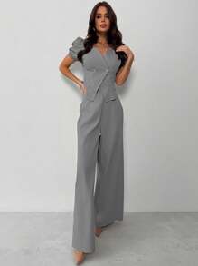 Firerie Lễ hội New Office Commute Lady Casual tay bồng Cardigan bất đối xứng Áo sơ mi cài nút kim loại & Quần ống rộng Bộ đồ cao màu mơ thon gọn - Xám - Xem 3
