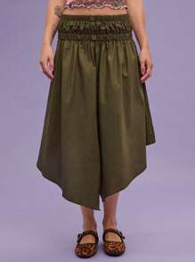 COUREZ Low Rise Asymmetric Midi Skirt , Summer For Women , Street Casual, Y2K, Leisure Music Festival, Cotton Vintage 100% Cotton - Army Green - View 5