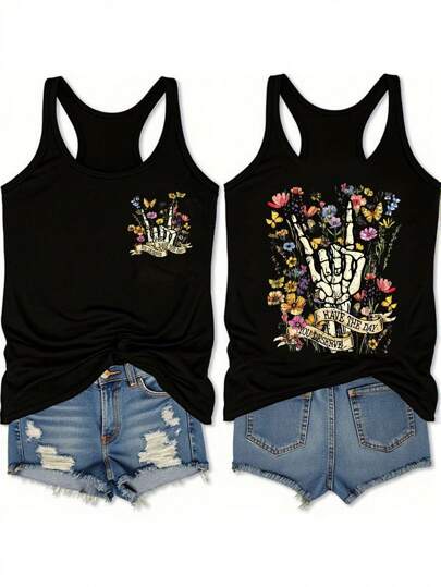 EMERY ROSE Débardeur minimaliste décontracté avec imprimé floral et crâne, grande taille, adapté pour l'été