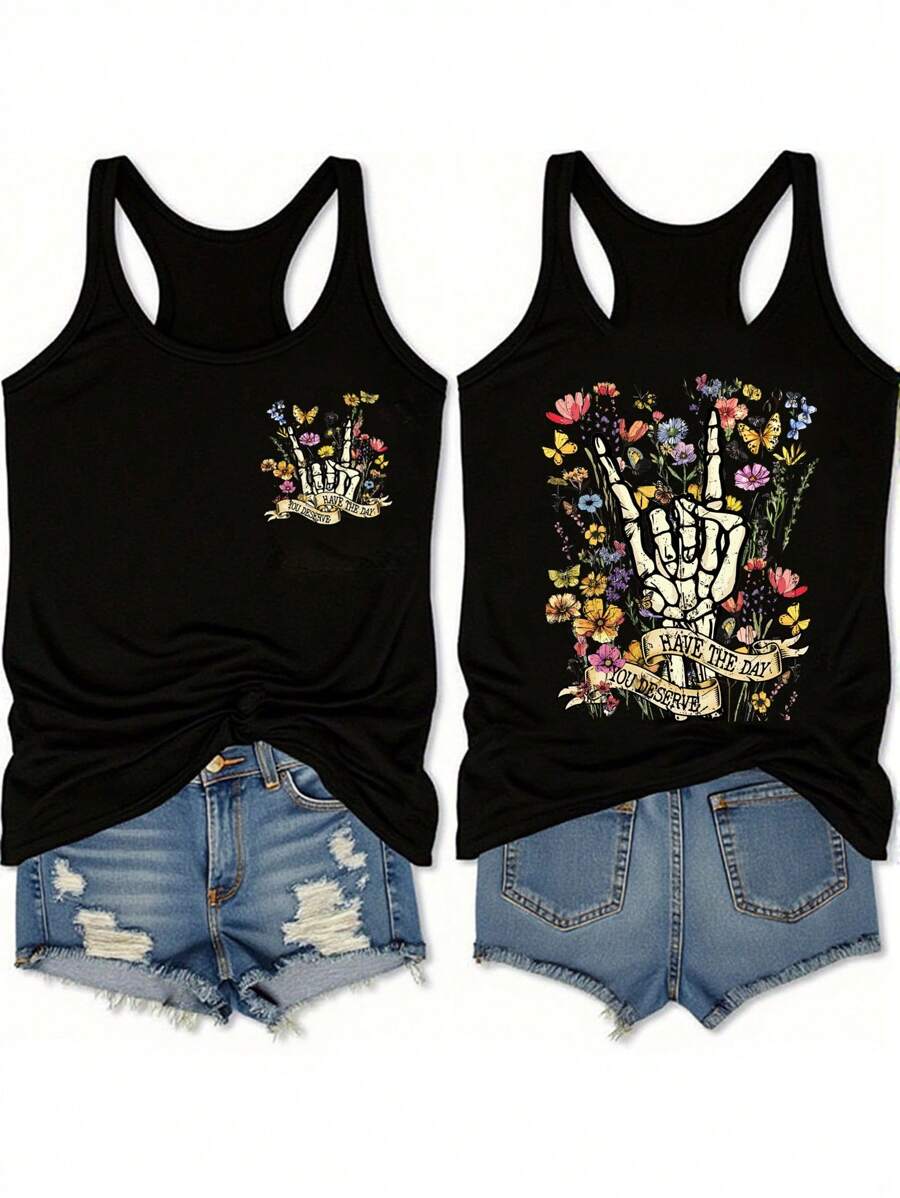 EMERY ROSE 音乐节花卉和骷髅印花休闲简约吊带背心，加大码，适合夏季 - 黑色 - 查看 1