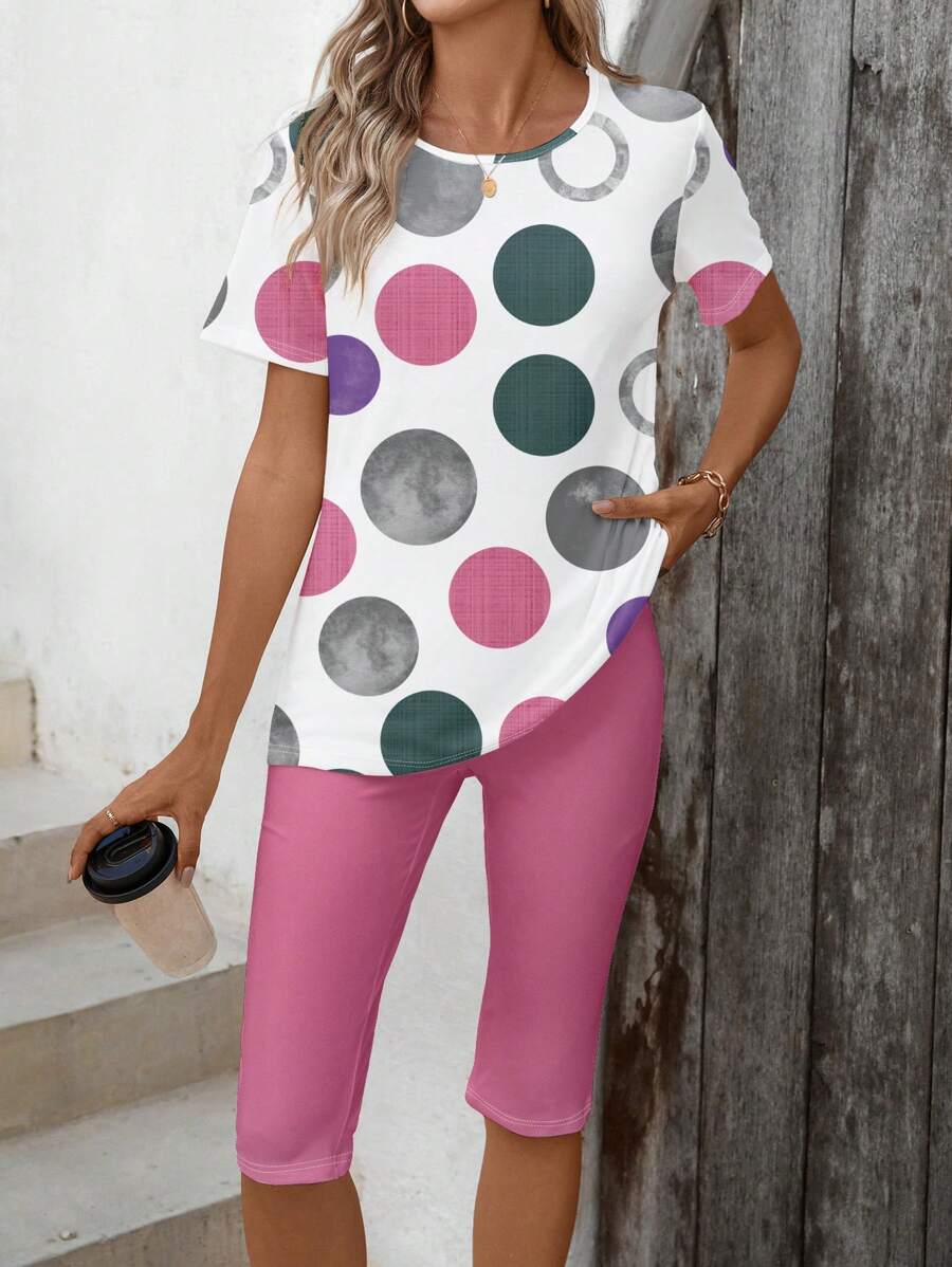 EMERY ROSE 2 Pieces Casual Minimalist Full-Width Polka Dot Pattern Women Summer Set,Summer Sets - Multicolor - View 1