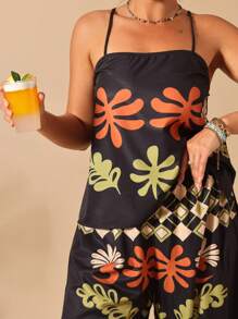 Breezaya 2 pezzi/set, Taglia oversize, Pigiama stampato con motivi tropicali, Canotta e pantaloni, Adatto per spiaggia e vacanze, Nuovo arrivo per l'estate