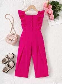 Young Girl' Ruffle Trim Wide Leg Jumpsuit, Summer - Hot Pink - View 1