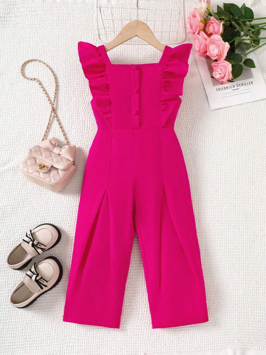 Young Girl' Ruffle Trim Wide Leg Jumpsuit, Summer - Hot Pink - View 1
