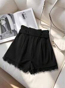 GlowEve Women's Elegant Solid Color Lace Patchwork Shorts, Summer - Black - View 2