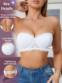1pc Women Lace Underwire Push Up Lingerie Bra, White Color, Padded & Seamless, Adjustable Removable Strap, Invisible Back Closure, Versatile Wear - White - View 3