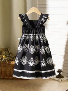 Baby / Toddler Girl Ruffled Strap Black & White Dress, Suitable For Spring, Summer Vacations And Outdoor Play - Black - View 2