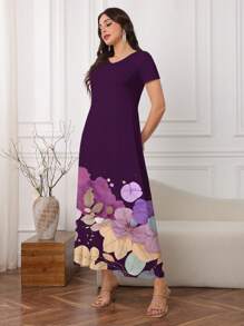 Modelyn 女式花卉印花圆领短袖休闲连衣裙 - 彩色 - 查看 4