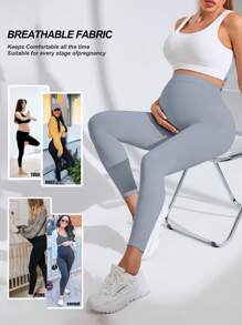 SHEIN 孕妇高腰无缝瑜伽紧身裤，纯色 - 灰色 - 查看 2