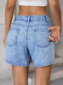 SHEIN EZwear Women's Blue Drawstring Waist Pocket Loose Fit Casual Denim Shorts Jean Shorts Shorts For Women Vacationwestern Wear Women Short Women Summer Clothes - Light Wash - View 2