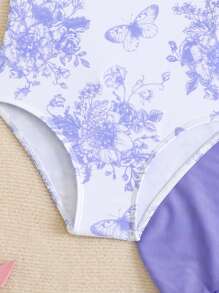 1pc Girls' Floral & Butterfly Printed One-Piece Swimsuit With Mesh Skirt - Multicolor - View 6