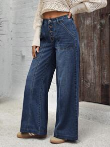 EMERY ROSE Women's Button Front Pockets Loose Fit Wide Leg Casual Jeans - Dark Wash - View 6