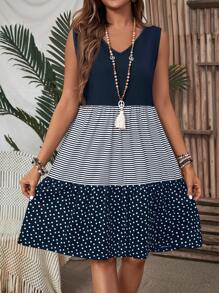 EMERY ROSE Damska sukienka mini bez rękawów w paski w blokach kolorów i kropki, na wakacje, na co dzień