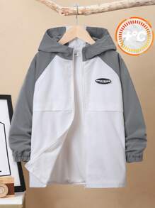 SHEIN Tween Boy 1pc Letter Patched Detail Raglan Sleeve Hooded Thermal Lined Coat - Grey - View 1