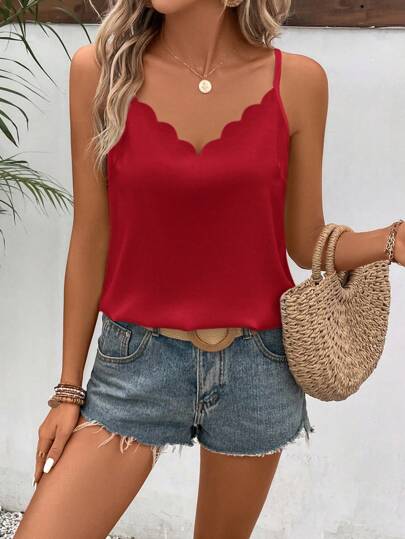 SHEIN Frenchy Vacation Casual Solid Color Shell Trim Camisole Christmas Thanks Giving Red Summer New Year Valentine's Day Holiday Resort