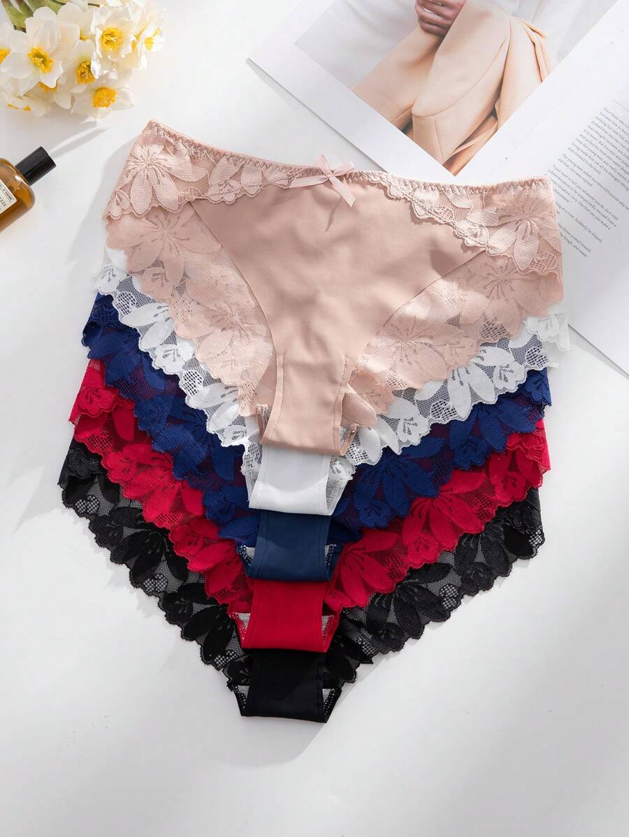 SHEIN 5 件套女士浪漫简约蕾丝拼接性感三角裤 - 彩色 - 查看 1