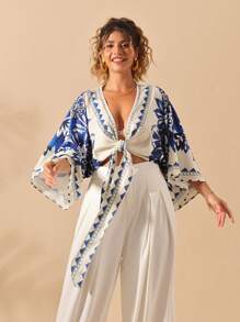 Sunserae 大码女式陶瓷蓝印花 V 领短袖波西米亚度假衬衫，春夏 - 藍色 - 查看 7