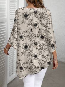 EMERY ROSE Plus Size Casual Floral Print Shirt, Minimalist All-Over Print Design, Suitable For Spring And Autumn, Holiday - Multicolor - View 2