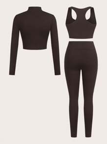 SHEIN Essnce 大码女士休闲夏季服装 女士健身休闲套装 女士慢跑裤 女士街头服饰 拉链高领长袖上衣、吊带背心和紧身裤套装 女士健身套装 3 件套 - 棕色 - 查看 2