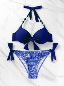 Swim Vcay Printed Tankini Swimwear With Push Up Effect, Removable Cups For Summer Beach Vacation - Navy Blue - View 6