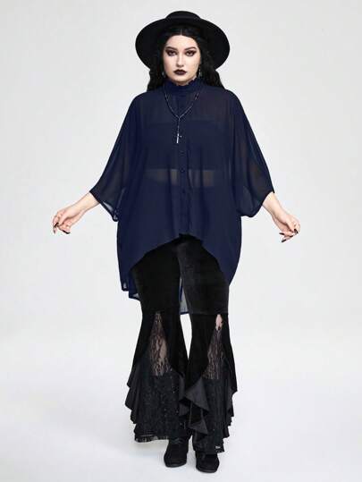 Goth Blouse en mousseline ample à manches chauve-souris col montant de couleur unie pour grandes tailles
