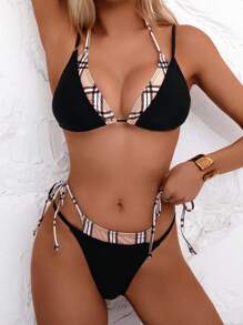 Swim Basics Bộ đồ bơi bikini hai mảnh cho nữ, 2 trong 1, dây mảnh, kẻ caro & khối màu trơn, đồ bơi buộc dây thường ngày, thoải mái khi đi nghỉ - màu đen - Xem 3