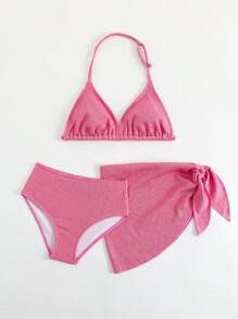 Tween Girl 3 件套泳衣套装，白色独特提花面料，时尚休闲优雅，适合游泳、度假、夏季