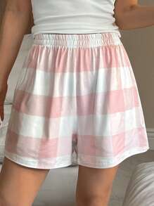 DAZY 简约格纹宽松短裤女士家居短裤家居服睡眠短裤 - 粉色 - 查看 5