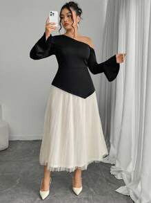 Modelyn Plus Size Women Elegant Contrast Color Block Asymmetric Collar Flared Sleeve Long Dress - Multicolor - View 6