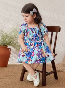Blossori Baby Girls Colorful Flower Woven Loose Round Neck Dress, French Elegant Style For Spring/Summer - Multicolor - View 3