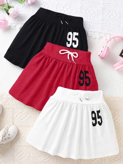 SHEIN Tween 女童彩色数字印花松紧腰裙，适合休闲和运动装，夏季