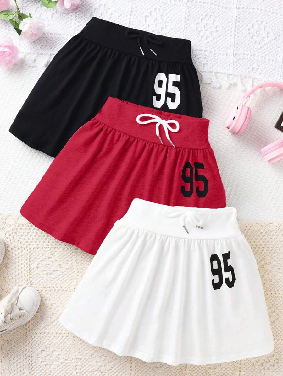 SHEIN Tween 女童彩色数字印花松紧腰裙，适合休闲和运动装，夏季