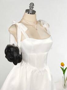 SHEIN ICON Plus Size Square Neck Bowknot Strap Rhinestone Decor Waist A-Line Dress, White Wedding Guest Dress,Corset Dress - White - View 10