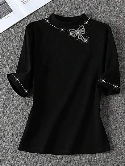 SHEIN Clasi Women's Small Round Neck 3/4 Sleeve Bowknot Rhinestone Embellished Tee, Spring/Summer