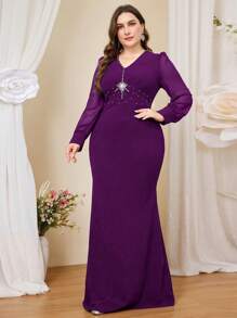 SHEIN Belle Plus Size Elegant Mixed Fabric Patchwork Rhinestone Decor Waist Fitted Midi Dress, Formal, Party Dress, Gown, For Evening, Wedding Guest - Purple - View 6