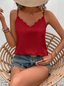 SHEIN Frenchy Vacation Casual Solid Color Shell Trim Camisole Christmas Thanks Giving Red Summer New Year Valentine's Day Holiday Resort - Red - View 3