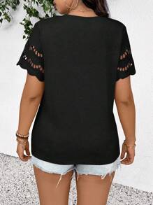 SHEIN Frenchy Plus Size Casual Versatile Round Neck Frill Detail T-Shirt - Black - View 2
