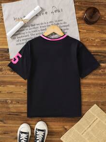 SHEIN 女童超大号美式运动休闲球衣 V 领撞色数字图案 T 恤，适合母女套装、假日、夏季、旅行