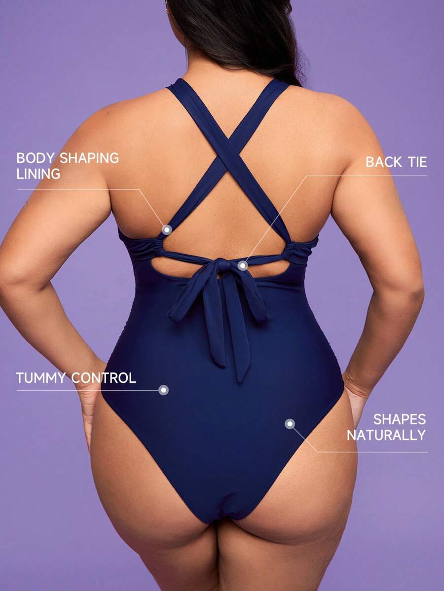 SHEIN Swim Curve Đồ bơi một mảnh hở lưng có dây rút cỡ lớn cho nữ - Màu xanh hải quân - Xem 1