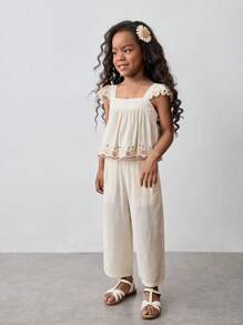 Maija Kids Maija Kids Set de 2 piezas para niña con top sin mangas holgado con volantes y pantalones anchos de 7/8 de largo, outfit informal de unicolor con bordado en el bajo para vacaciones, primavera/verano