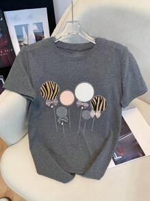 SHEIN Korean Ulzzang Style Rhinestone Bow Decor Regular Short Sleeve T-Shirt - Dark Grey - View 1