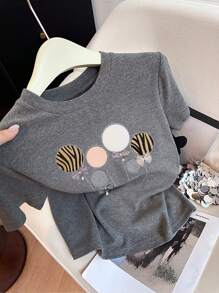 SHEIN Korean Ulzzang Style Rhinestone Bow Decor Regular Short Sleeve T-Shirt - Dark Grey - View 3
