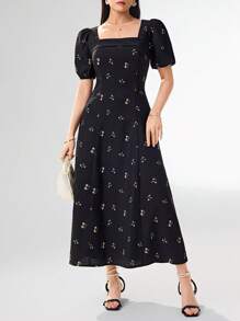 Heiryn Women's Floral Print Square Collar Puff Sleeve Dress, Elegant - Black - View 4