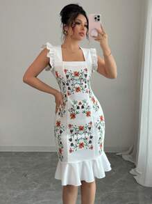 Elenzga Women's Floral Print Cap Sleeve Elegant Mini Dress For Vacation