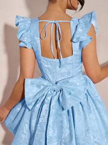 SHEIN BAE Solid Color Square Neck Halter Back Square Neck Pleated Mini Dress Halter Back Dress Pink Women's Bubble Sleeveless Dress Palace Style Holiday Dress Summer Back Big Bow Decoration Ruffle Dress,Summer Dresses For Women - Baby Blue - View 7